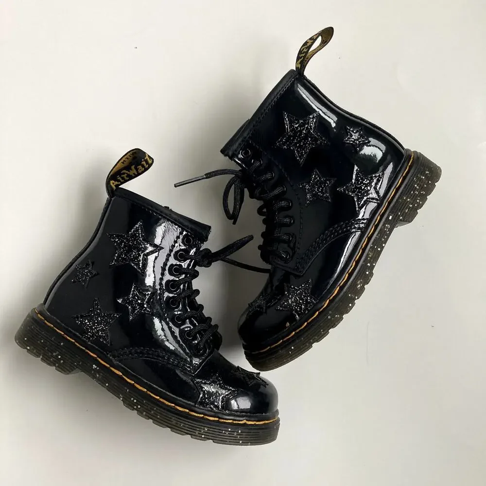 Dr. Martens Toddler 1460 Glitter Star Patent Lace Up Boots - Black - 9
